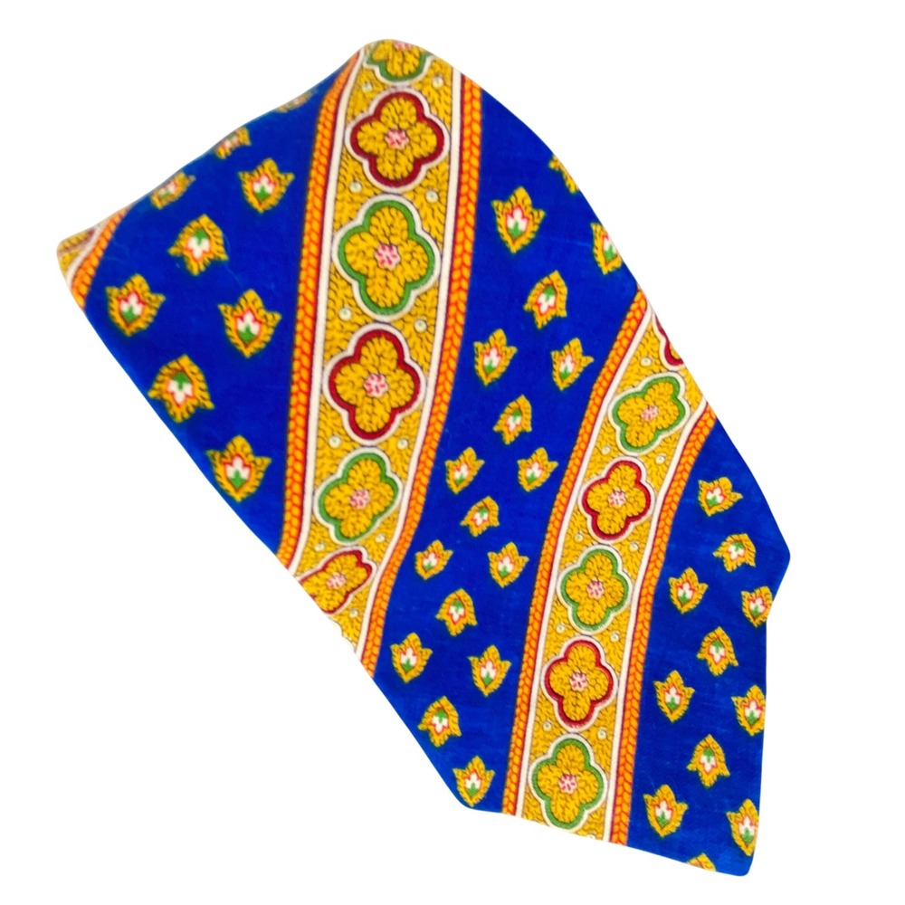 PRINCE CONSORT Mens Tie Blue Gold Floral Classic Dress 4x55 Artsy Contemporary‎